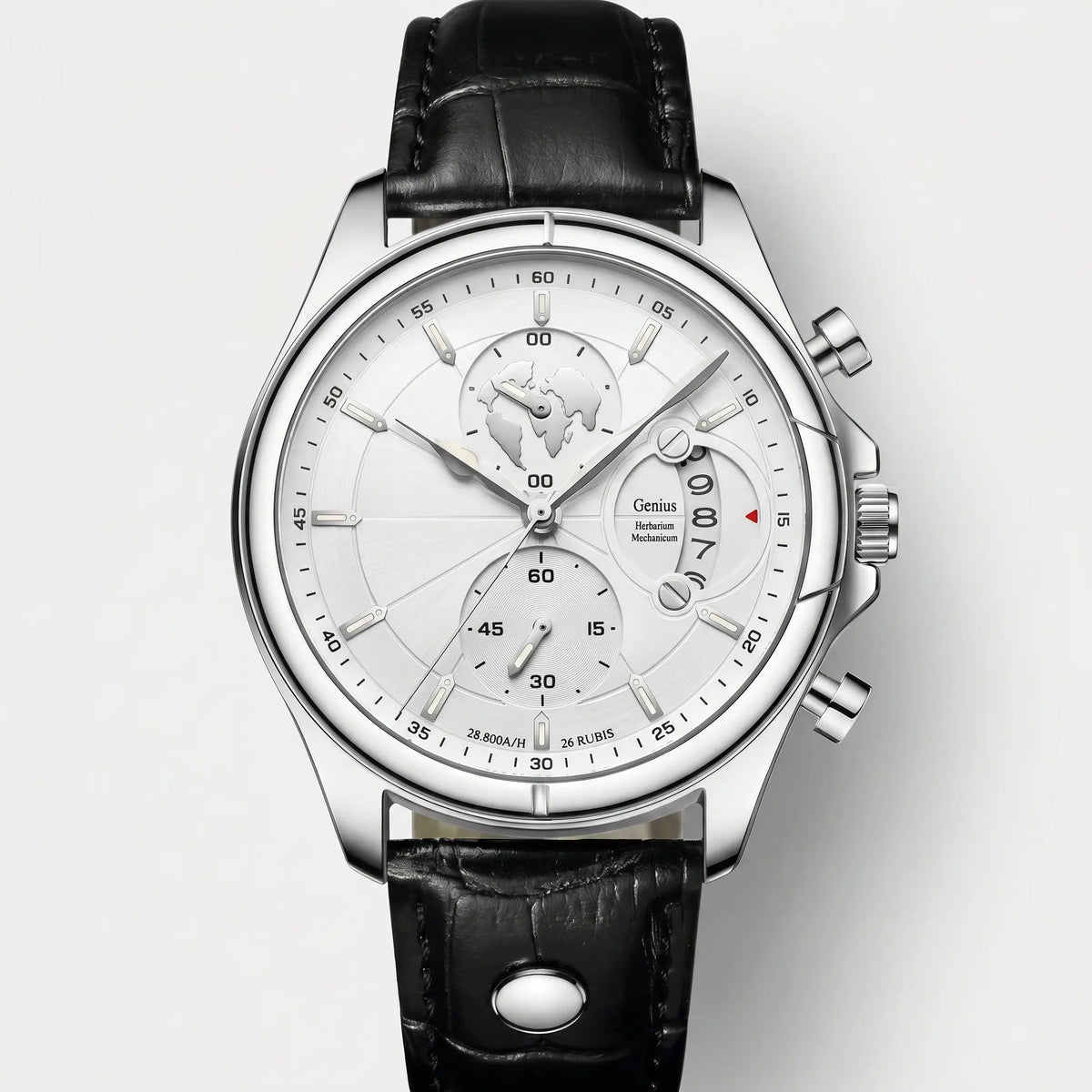 Meridian Ivory Steel men's watch with white dial, steel case and leather strap - front view