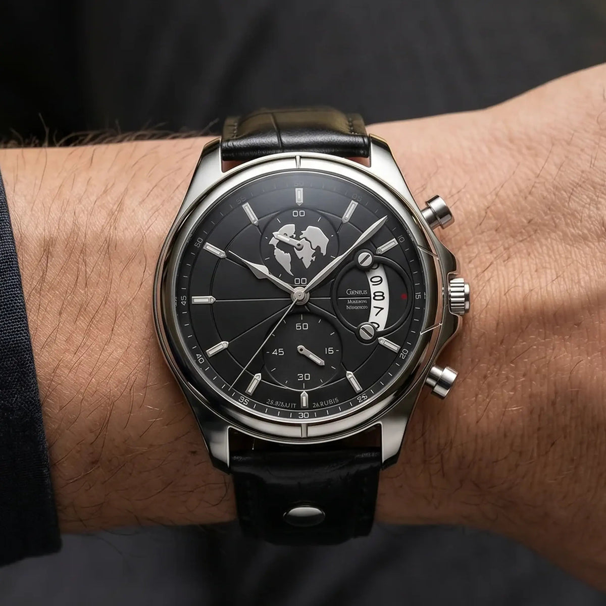 Meridian Obsidian Steel worn on the wrist - bold black watch by NORD 1975